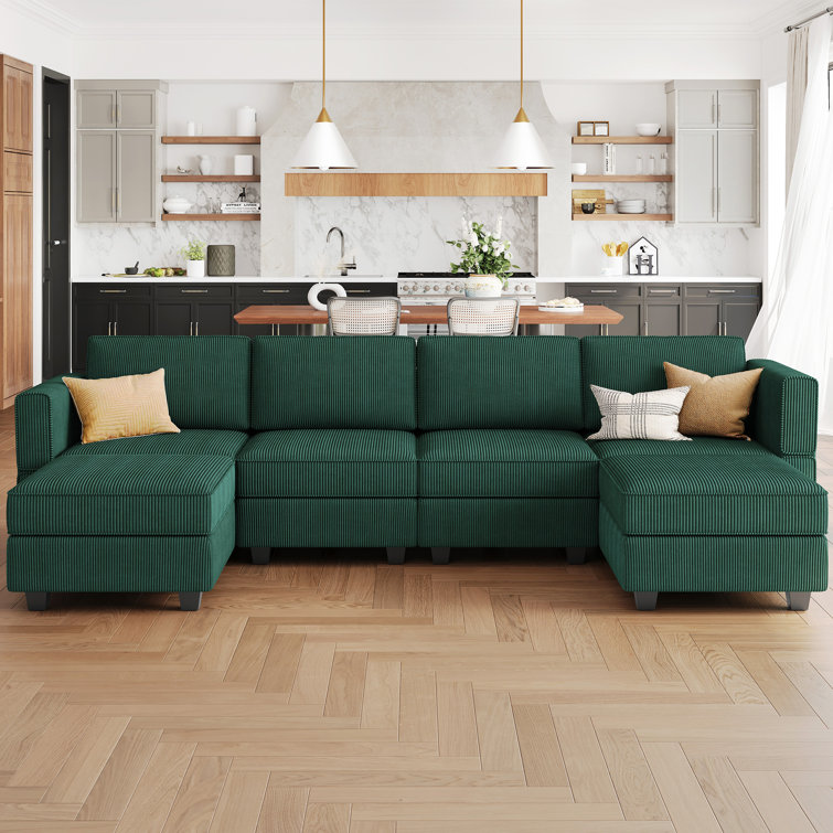 Green Corduroy Modular U-Shaped Sectional Sofa with Storage