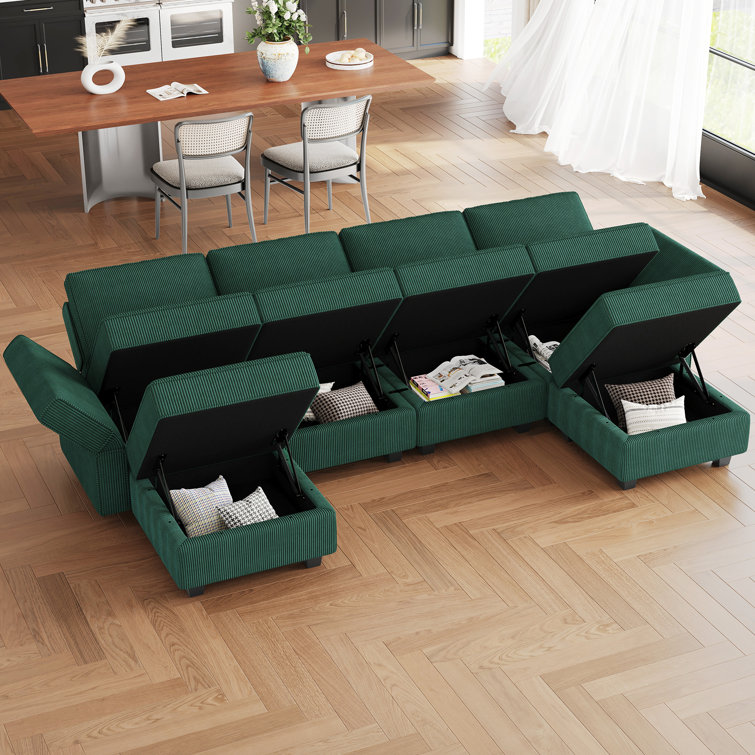 Green Corduroy Modular U-Shaped Sectional Sofa with Storage