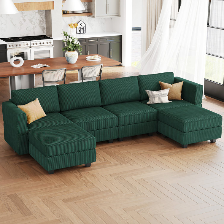 Green Corduroy Modular U-Shaped Sectional Sofa with Storage