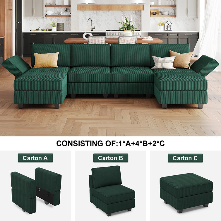 Green Corduroy Modular U-Shaped Sectional Sofa with Storage