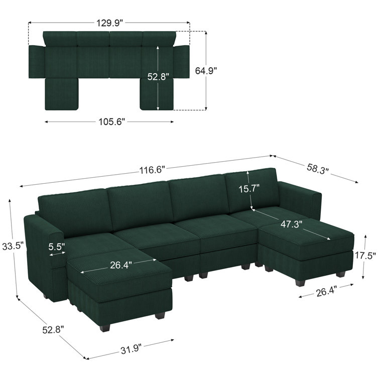 Green Corduroy Modular U-Shaped Sectional Sofa with Storage
