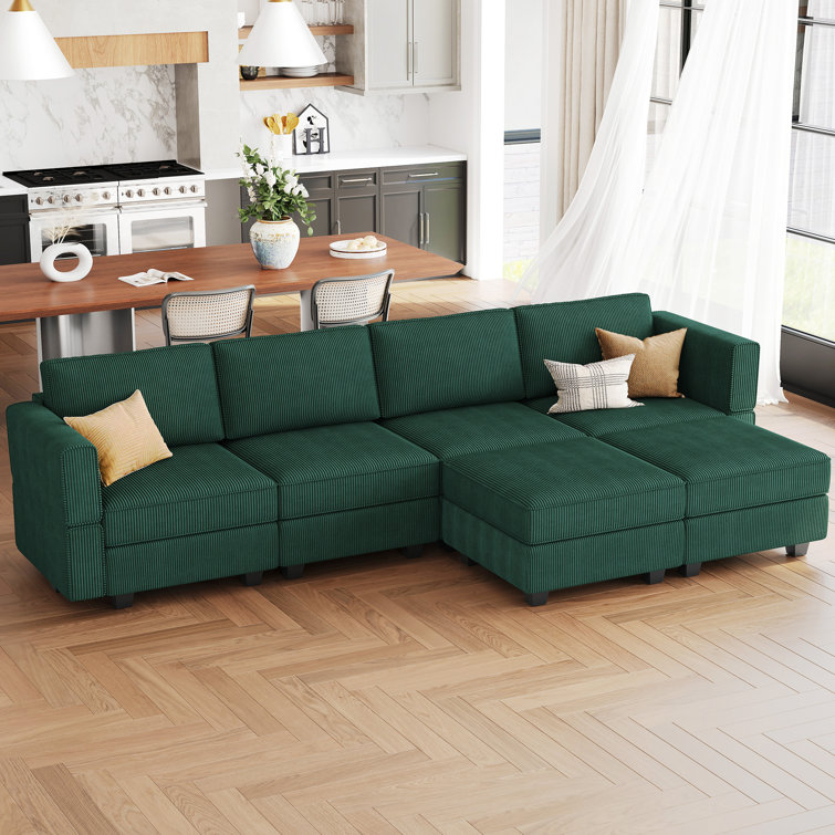 Green Corduroy Modular U-Shaped Sectional Sofa with Storage