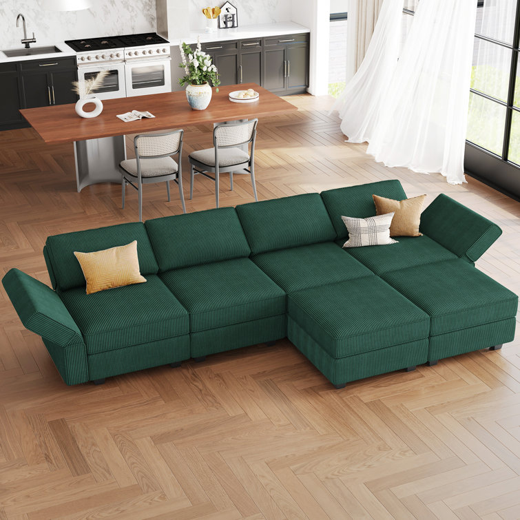 Green Corduroy Modular U-Shaped Sectional Sofa with Storage