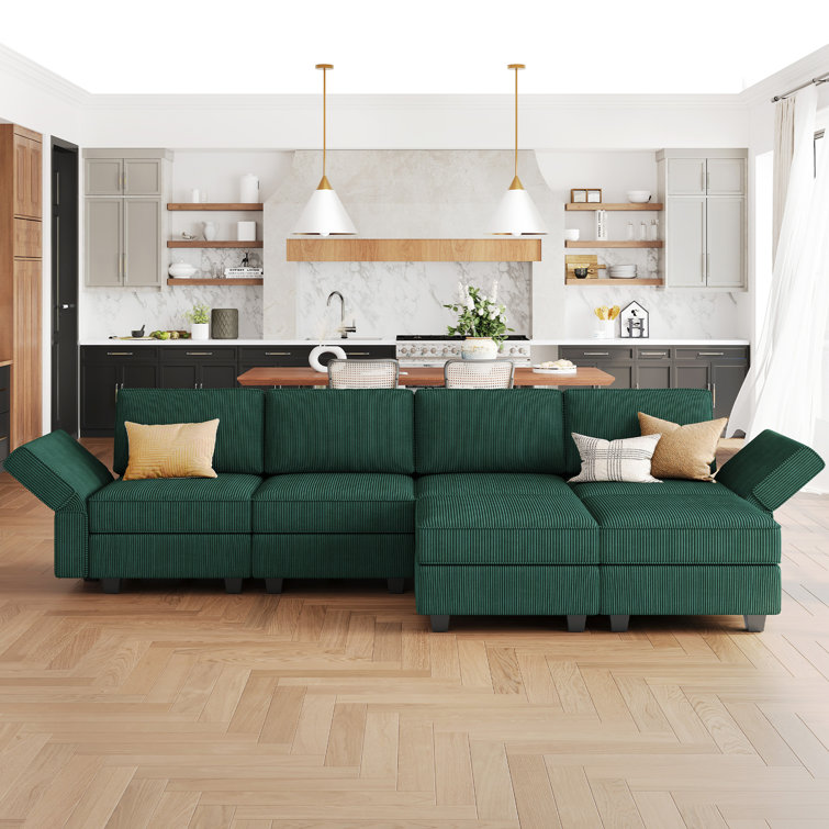 Green Corduroy Modular U-Shaped Sectional Sofa with Storage