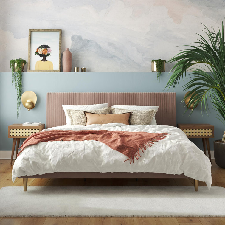 Blush Velvet King Upholstered Bed with Tufted Headboard and Wood Frame