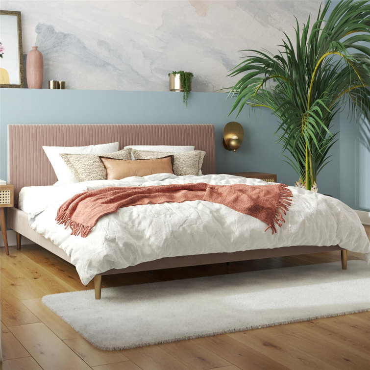 Blush Velvet King Upholstered Bed with Tufted Headboard and Wood Frame