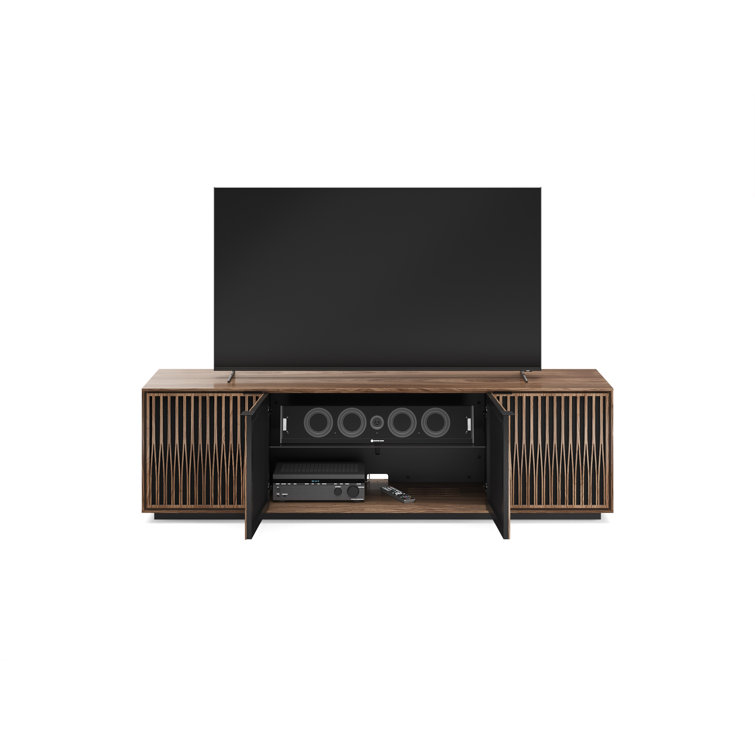 Natural Walnut and Black Media Cabinet with Rolling Base