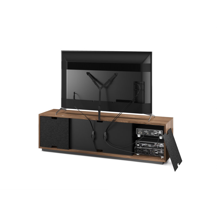 Natural Walnut and Black Media Cabinet with Rolling Base