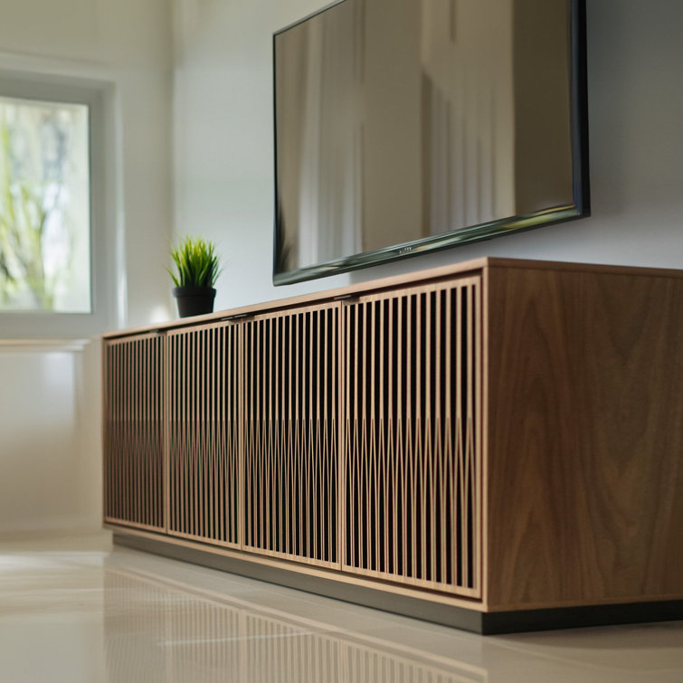 Natural Walnut and Black Media Cabinet with Rolling Base