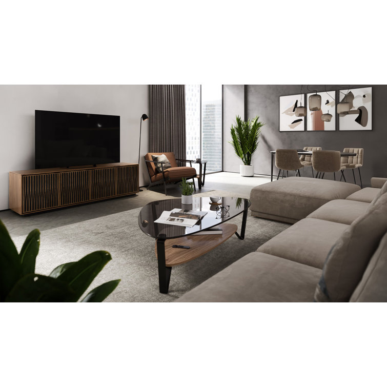 Natural Walnut and Black Media Cabinet with Rolling Base