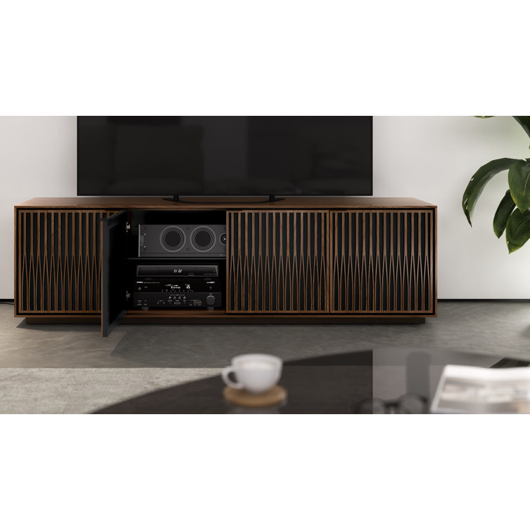 Natural Walnut and Black Media Cabinet with Rolling Base