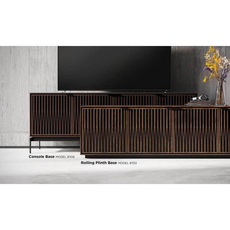 Natural Walnut and Black Media Cabinet with Rolling Base