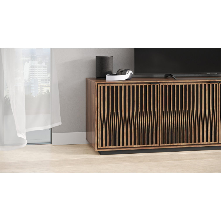 Natural Walnut and Black Media Cabinet with Rolling Base