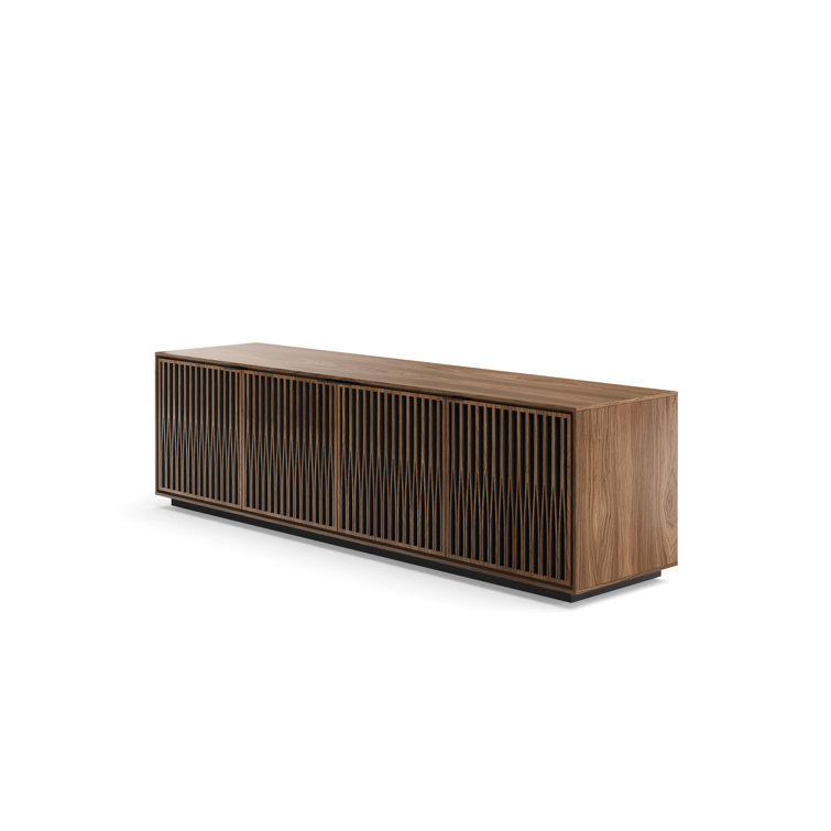 Natural Walnut and Black Media Cabinet with Rolling Base