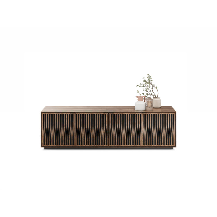 Natural Walnut and Black Media Cabinet with Rolling Base