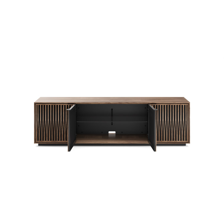 Natural Walnut and Black Media Cabinet with Rolling Base
