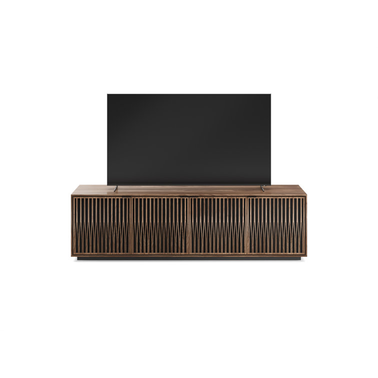 Natural Walnut and Black Media Cabinet with Rolling Base