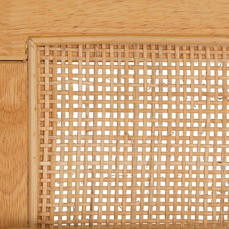 Elegant Natural Wood and Beige Linen Storage Bench with Rattan Back