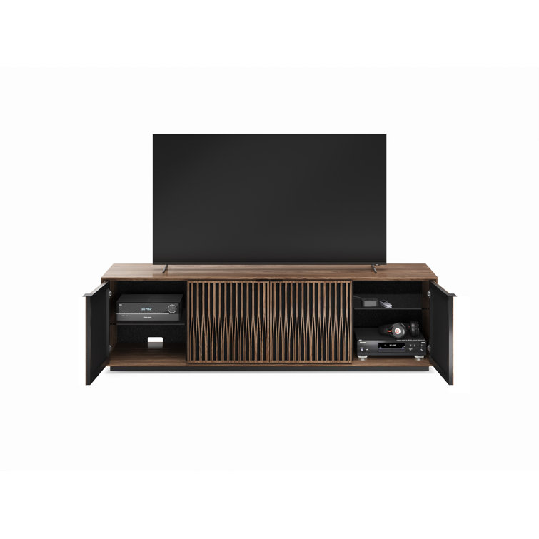 Natural Walnut and Black Media Cabinet with Rolling Base