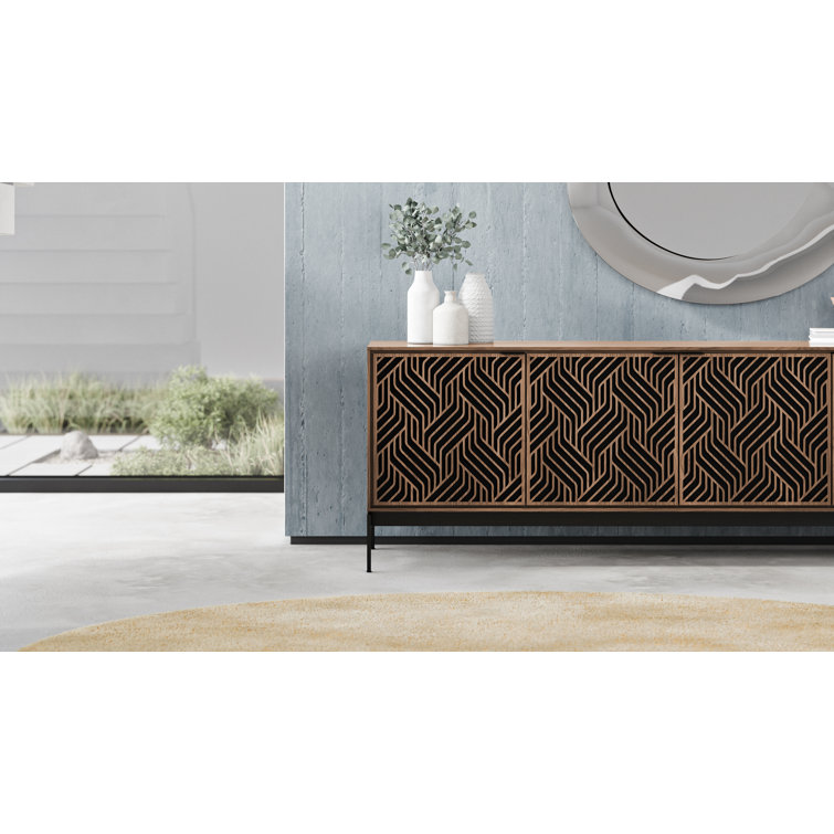 Natural Walnut and Black Patterned Media Console with Cabinet