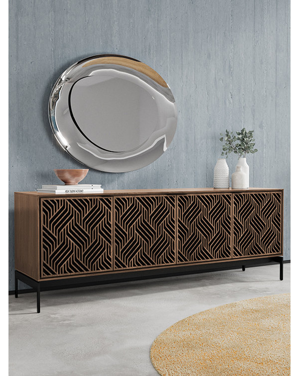 Natural Walnut and Black Patterned Media Console with Cabinet