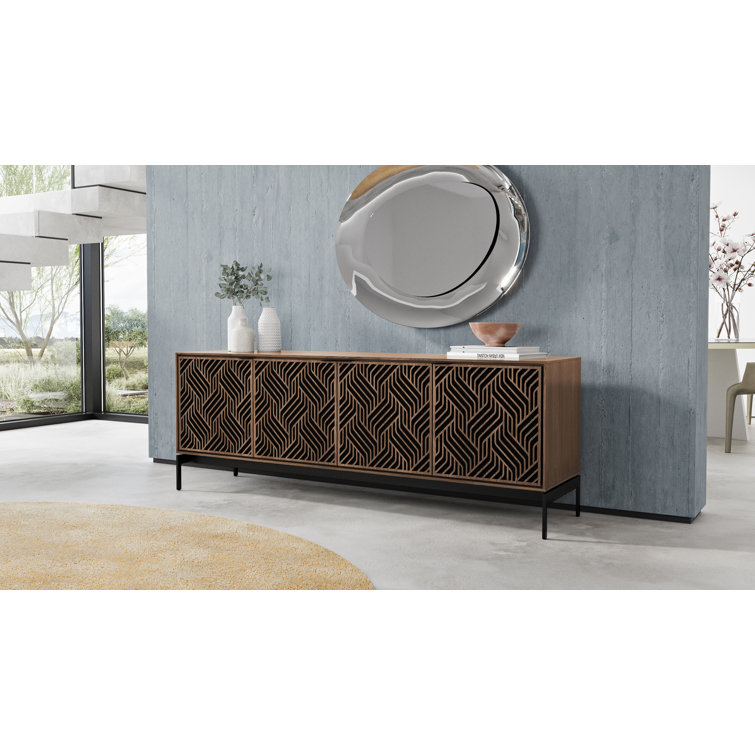 Natural Walnut and Black Patterned Media Console with Cabinet