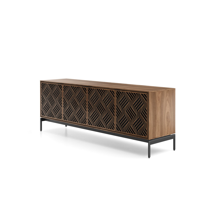 Natural Walnut and Black Patterned Media Console with Cabinet