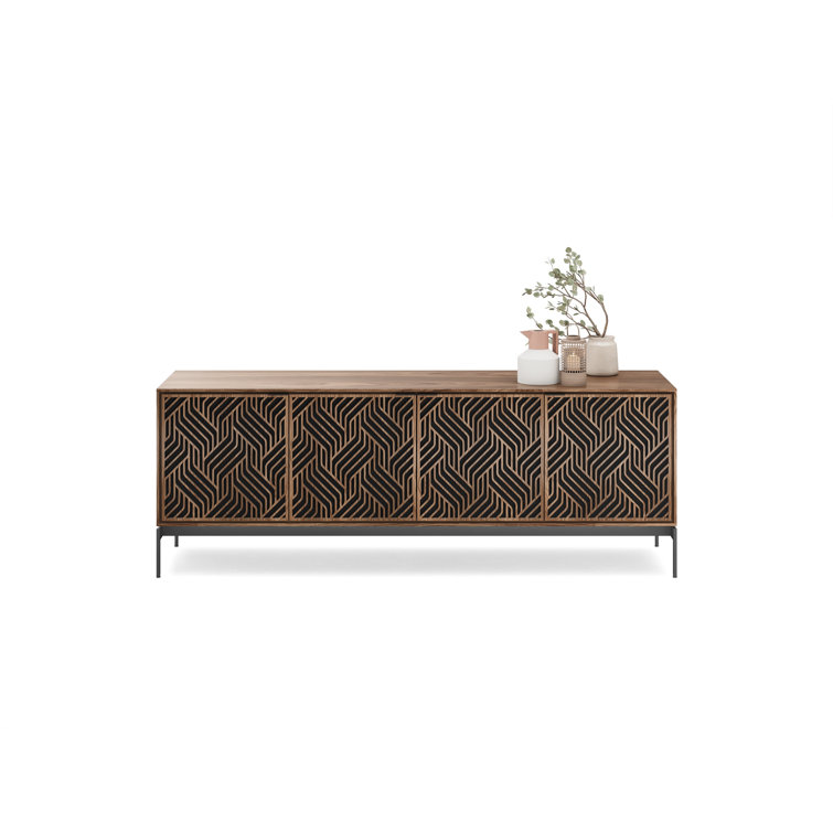 Natural Walnut and Black Patterned Media Console with Cabinet