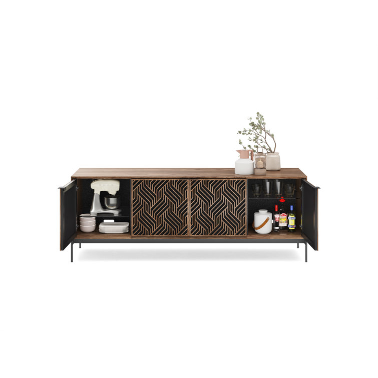 Natural Walnut and Black Patterned Media Console with Cabinet