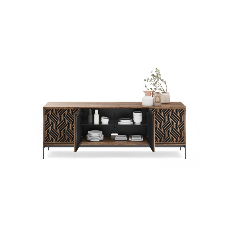 Natural Walnut and Black Patterned Media Console with Cabinet