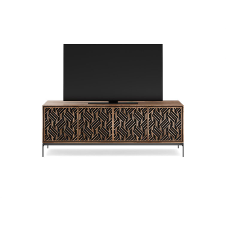 Natural Walnut and Black Patterned Media Console with Cabinet