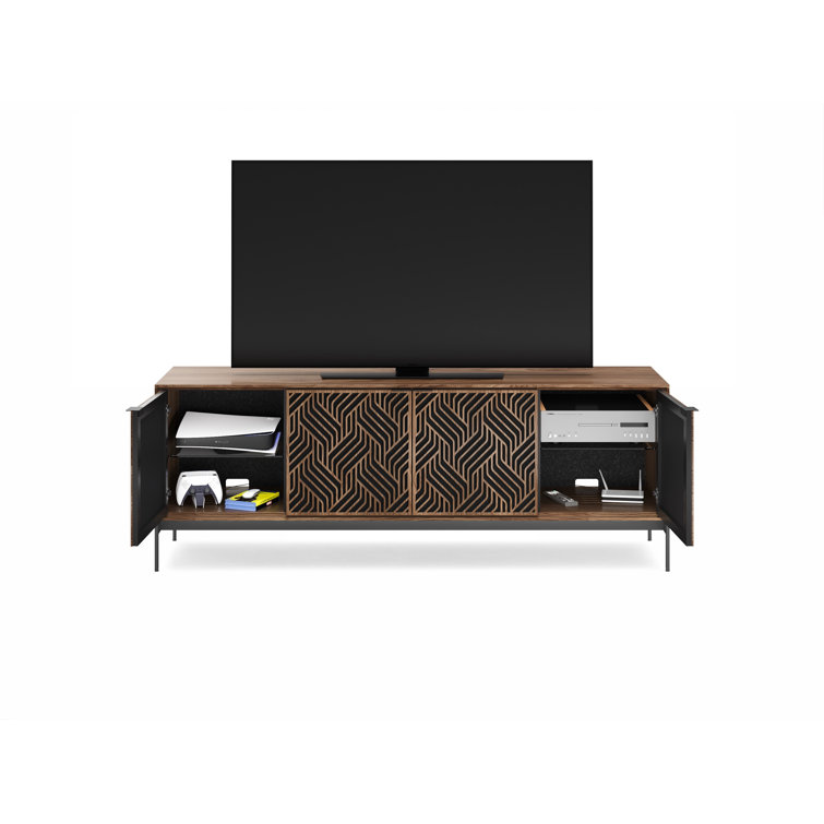 Natural Walnut and Black Patterned Media Console with Cabinet