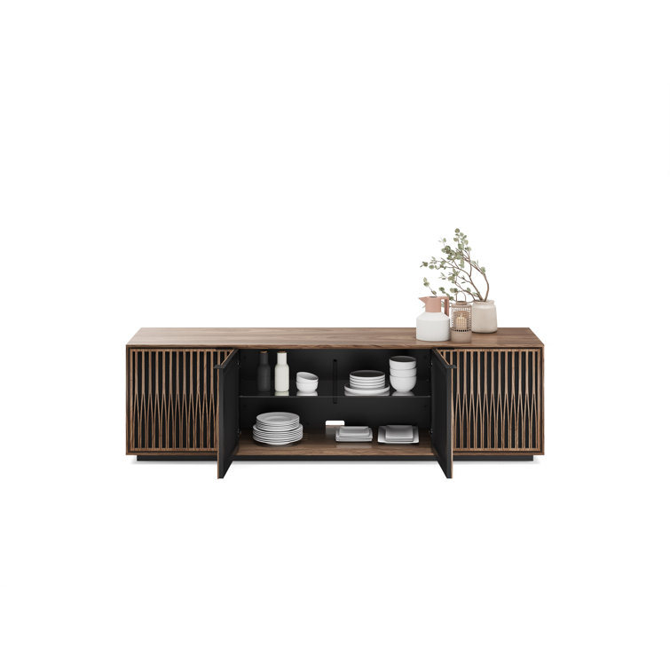 Natural Walnut and Black Media Cabinet with Rolling Base