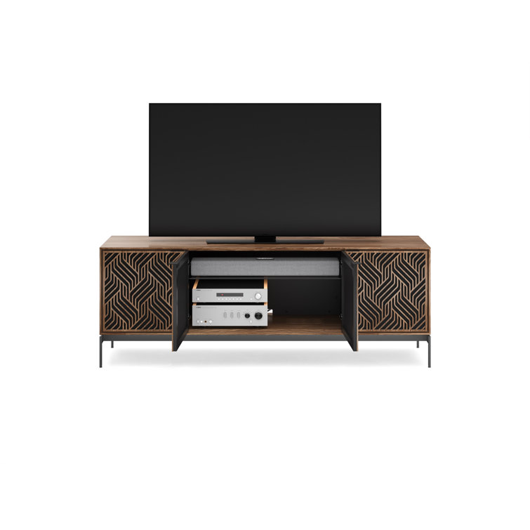 Natural Walnut and Black Patterned Media Console with Cabinet