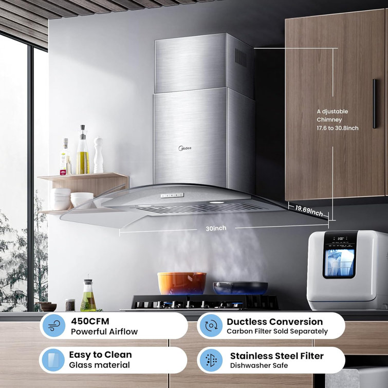 Midea 30" Stainless Steel Convertible Curved Glass Range Hood