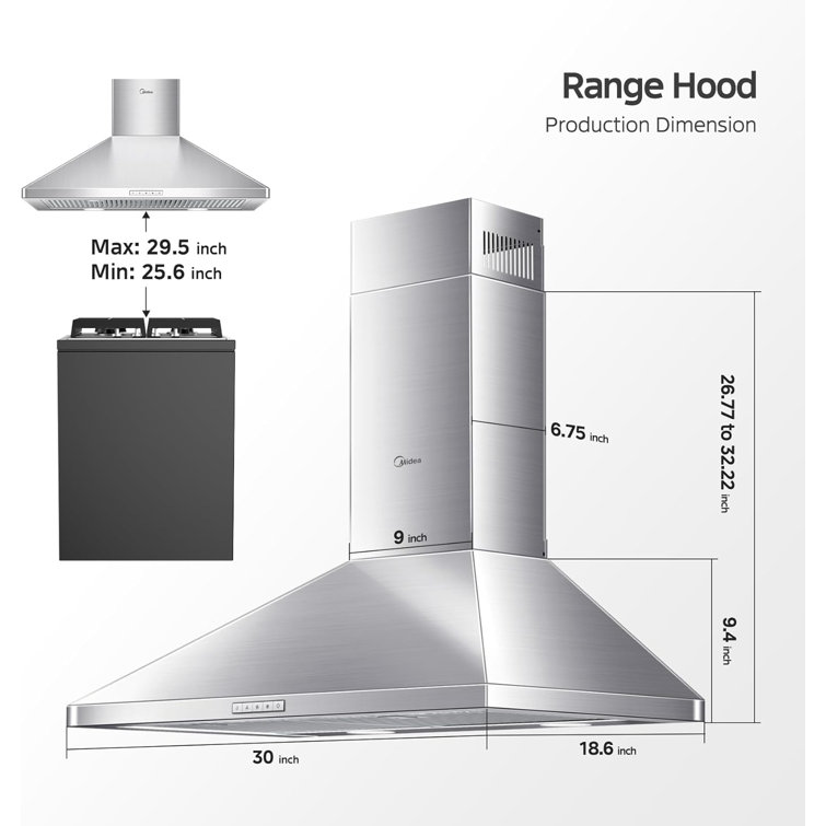 Midea 30-Inch Stainless Steel Convertible Wall Mounted Range Hood