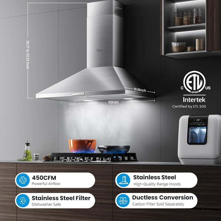 Midea 30-Inch Stainless Steel Convertible Wall Mounted Range Hood