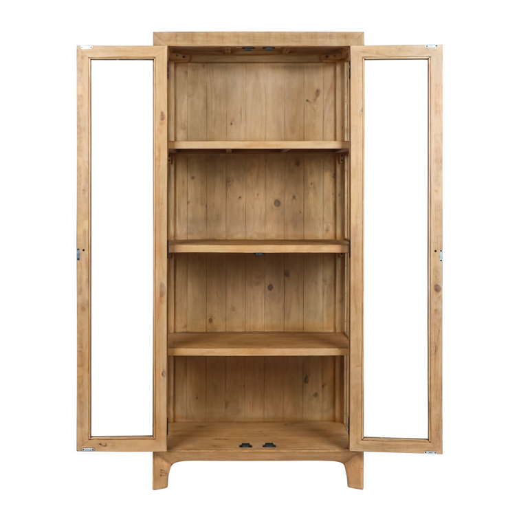 Natural Reclaimed Pine Wood Curio Cabinet with Glass Doors