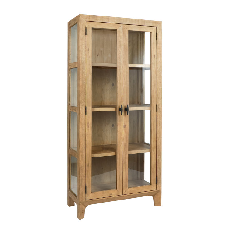 Natural Reclaimed Pine Wood Curio Cabinet with Glass Doors