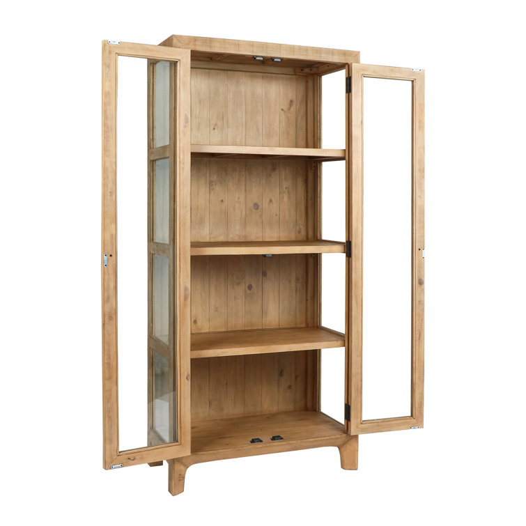 Natural Reclaimed Pine Wood Curio Cabinet with Glass Doors