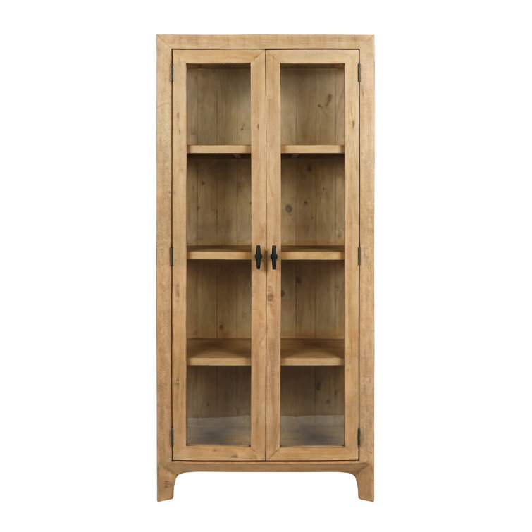 Natural Reclaimed Pine Wood Curio Cabinet with Glass Doors