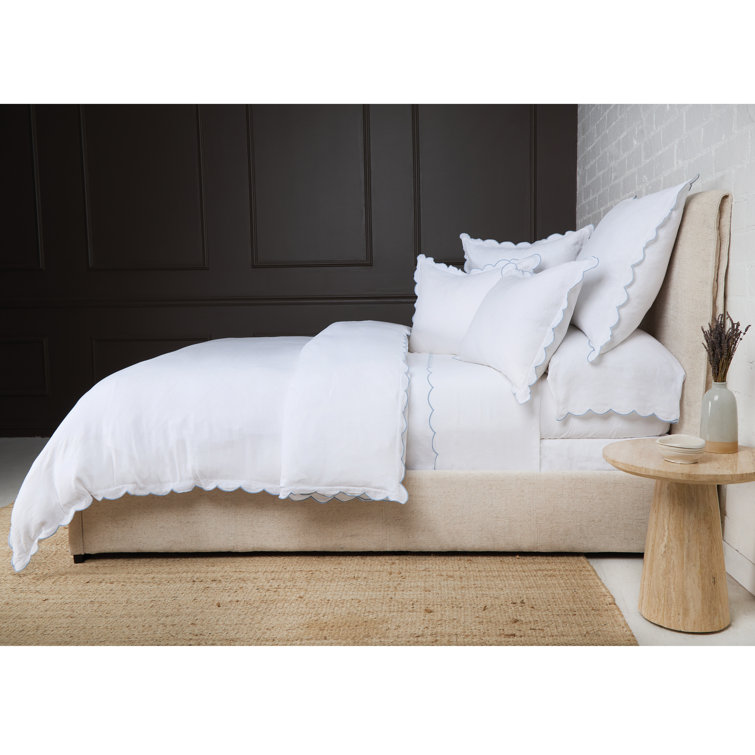 White Linen Euro Sham with Blue Embroidered Scallops