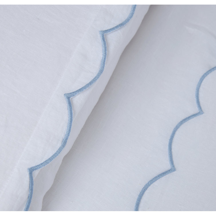 White Linen Euro Sham with Blue Embroidered Scallops