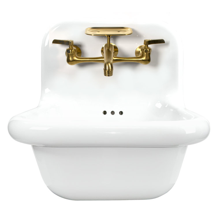 Victorian White Ceramic Wall-Mount Bathroom Sink with Satin Brass Faucet