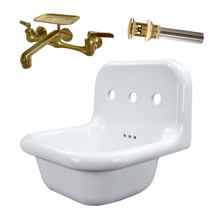 Victorian White Ceramic Wall-Mount Bathroom Sink with Satin Brass Faucet