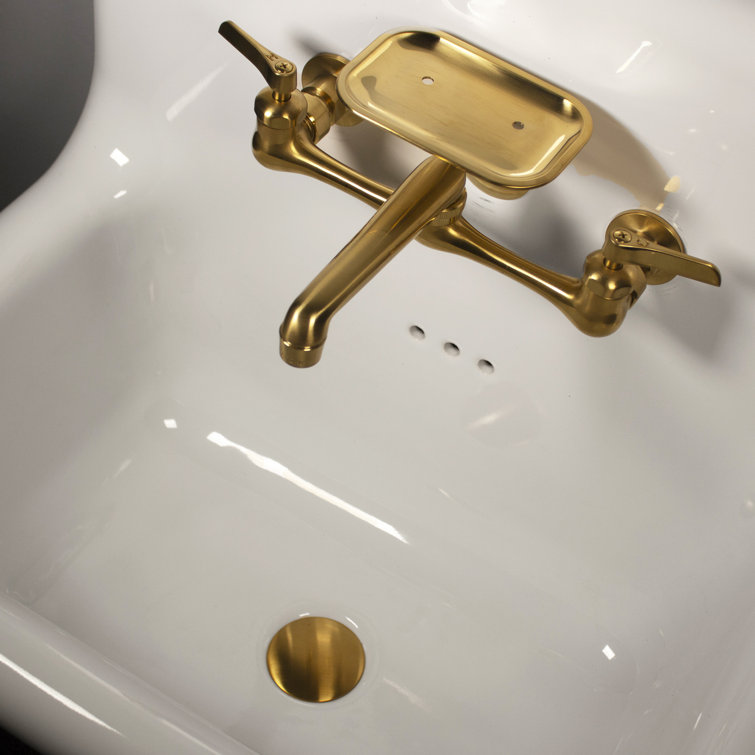 Victorian White Ceramic Wall-Mount Bathroom Sink with Satin Brass Faucet
