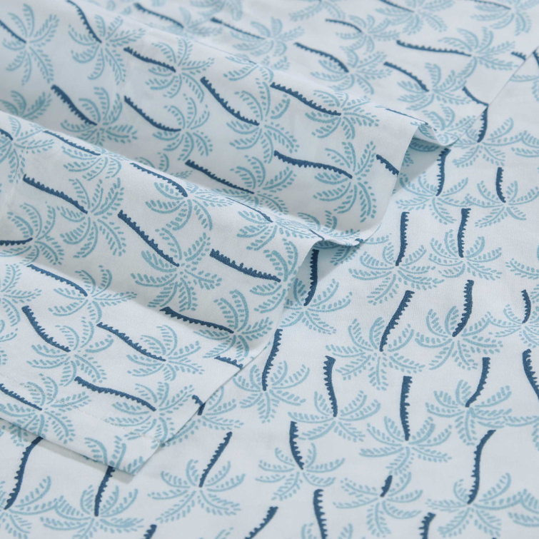 King Blue Cotton Percale Palm Print Sheet Set