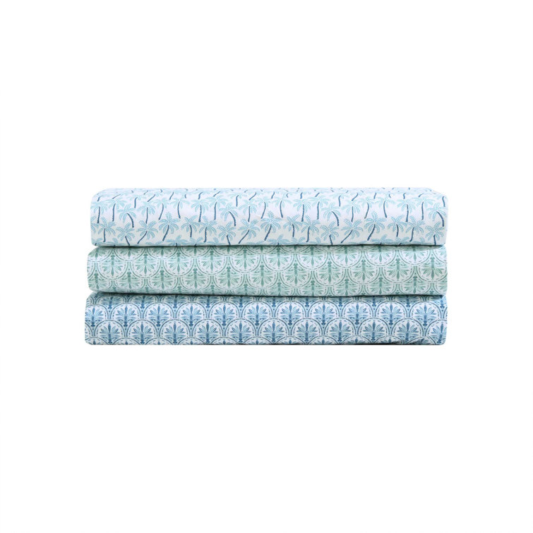King Blue Cotton Percale Palm Print Sheet Set