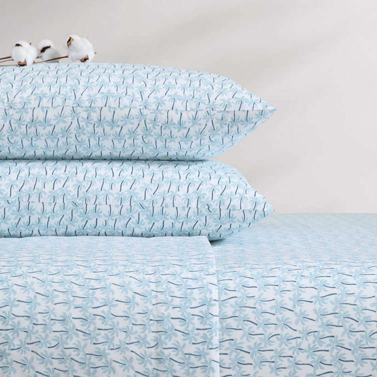 King Blue Cotton Percale Palm Print Sheet Set