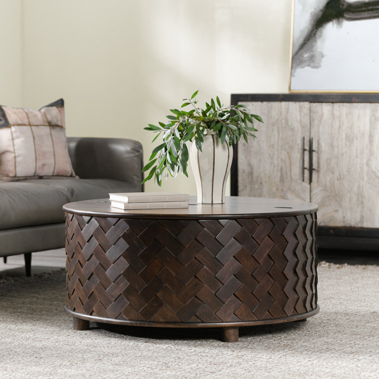 Shira 40" Round Kona Brown Mango Wood Coffee Table with Storage